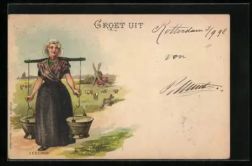 Lithographie Zeeland, niederländische Frau beim Wassertragen