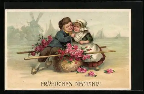 AK Junge und Mädchen mit Blumenkorb, Im Hintergrund Windmühlen, Geburtstagsgruss