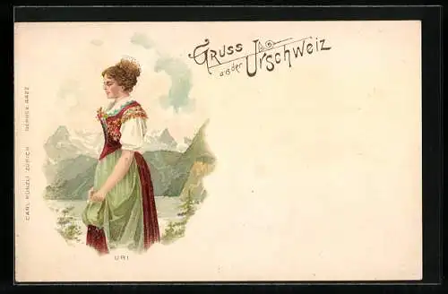 Lithographie Urschweiz, Uri, Schweizerin in Tracht