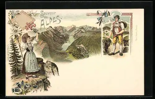 Lithographie Schweiz, Frau grüsst Wanderer, Trachten, Berge