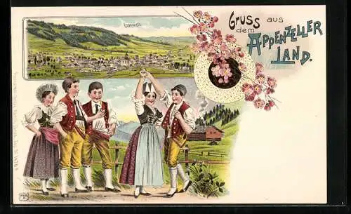 Lithographie Appenzell, Gesamtansicht, Mädchen und Burschen in Tracht, Blumen