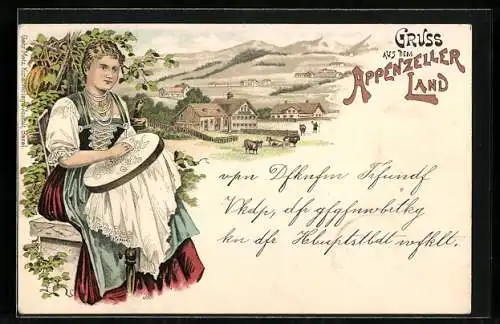 Lithographie Appenzeller Land, Frau in Tracht beim Sticken