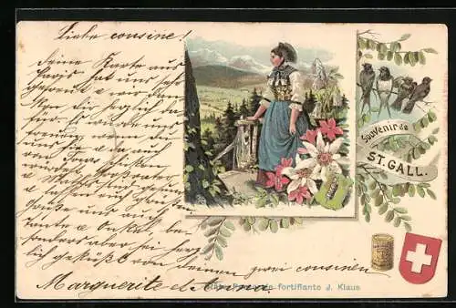 Lithographie St. Gallen, Frau in Schweizer Tracht mit Schwalben