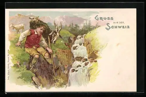 Lithographie Schweiz, Kleiner Junge mit Ziege am Bachlauf