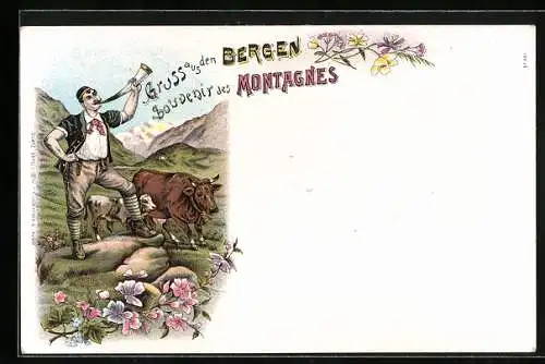 Lithographie Mann in Schweizer Tracht mit Kühen