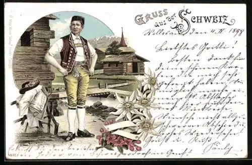 Lithographie Schweiz, Mann in Tracht vor dem Holzhaus