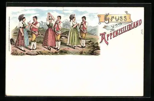 Lithographie Appenzellerland, Paare in Schweizer Tracht