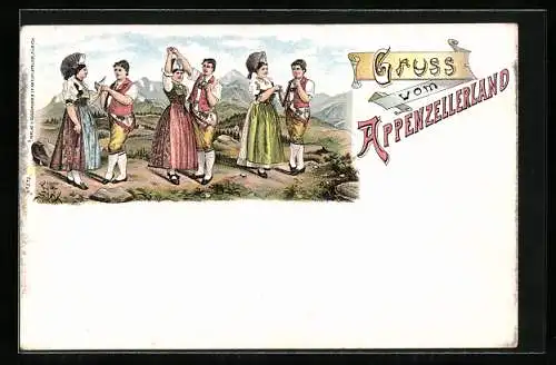 Lithographie Appenzellerland, Paare in Schweizer Tracht beim Tanz