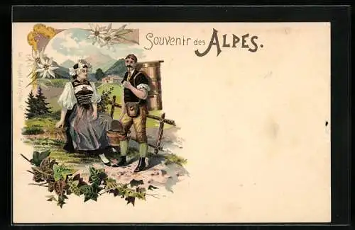 Lithographie Bergen, Paar in Tracht