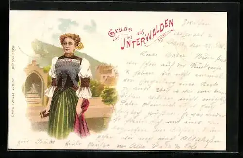 Lithographie Unterwalden, Frau in Schweizer Tracht