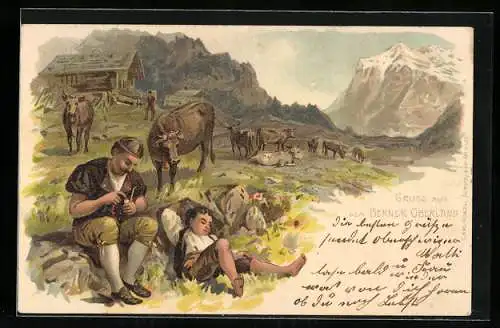 Lithographie Berner Oberland, Mann und Kind in Tracht mit Kühen