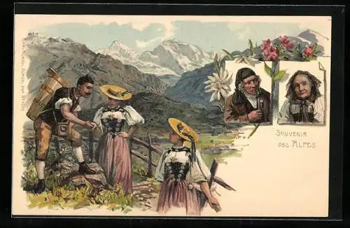 Lithographie Gruss aus dem Berner Oberland, Bauern und altes Paar in Tracht