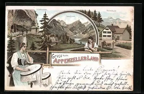 Lithographie Wildkirchli, Seealpsee, Bauernhaus, Frau in Appenzeller Tracht mit Stickrahmen