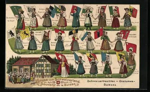 Künstler-AK Basel, Schweizertrachten, Tracht von St. Gallen, Aargau und Tessin