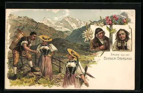 Lithographie Gruss aus dem Berner Oberland, Bauern und altes Paar in Tracht