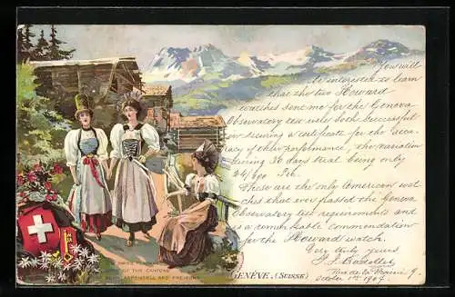 Lithographie Schweizer Frauen in Trachten aus Genève