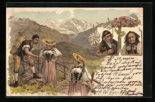 Lithographie Männer und Frauen aus dem Berner Oberland in Trachten