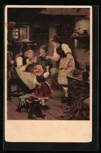 Lithographie Hessische Tracht, Mutter mit Kindern in der heimischen Küche