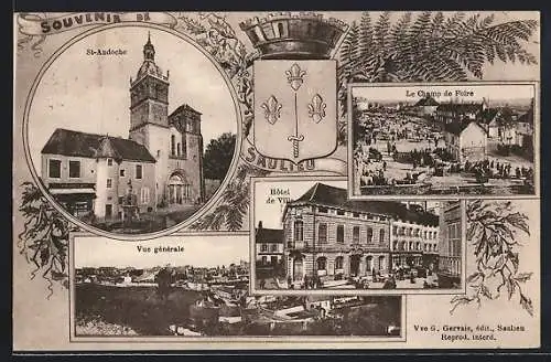 AK Saulieu, Souvenir avec St-Andoche, hôtel de ville et champ de foire