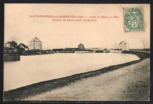 AK St-Symphorien-sur-Saône, Canal du Rhône au Rhin Chantier de Constructions de Bateaux