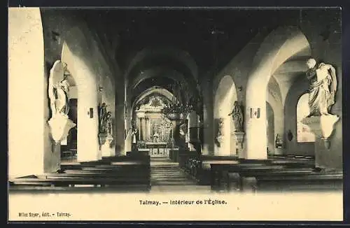 AK Talmay, intérieur de l`église, vue vers l`autel principal et statues