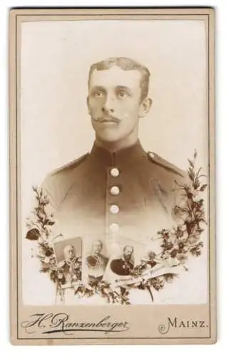 Fotografie H. Ranzenberger, Mainz, Porträt eines jungen Soldaten in Uniform mit floralen Verzierungen