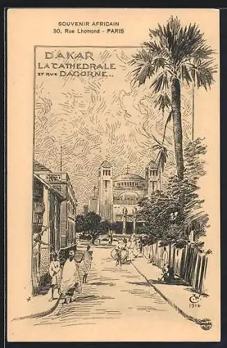 Künstler-AK Dakar, La Cathedrale et rue Dagorne