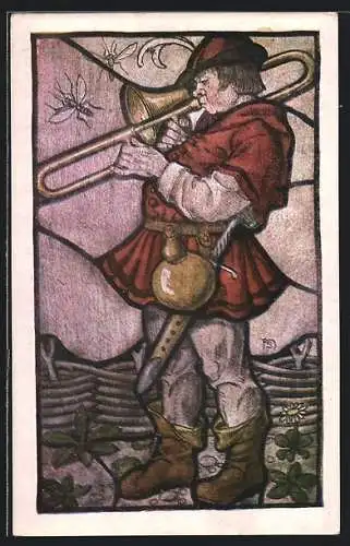 Künstler-AK Heinz Schiestl: trunkener Posaunist