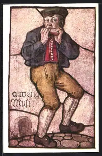 Künstler-AK Heinz Schiestl: Mann mit Mundharmonika