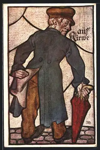 Künstler-AK Heinz Schiestl: Alter Mann mit Regenschirm