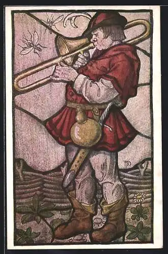 Künstler-AK Heinz Schiestl: trunkener Posaunist