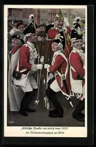 AK Köln, Kölsche Funke rut-weiss von 1823 im Rosenmontagszug