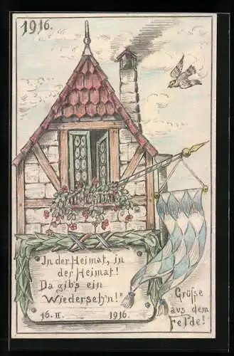 Künstler-AK Handgemalt: Fachwerkhaus mit bayrischer Flagge
