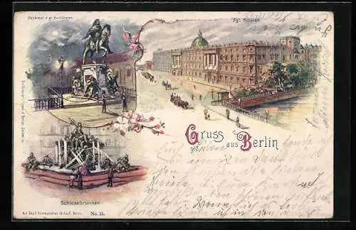 Lithographie Berlin, Kgl. Schloss, Denkmal d. gr. Kurfürsten, Schlossbrunnen, Ganzsache 5 Pfennig