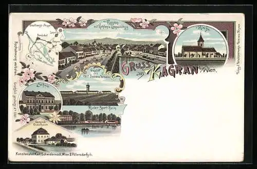 Lithographie Wien, Kagran b. Wien, Gemeinde-Gasthaus, Schule, Ruder-Sport-Heim, Gestüt d. Trabrennbahn-Vereins