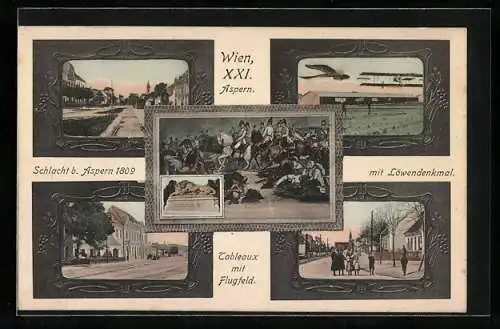 AK Wien, Aspern, Tableaux mit Flugfeld, Schlacht bei Aspern 1809, Löwendenkmal