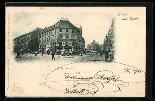 AK Wien, Alserstrasse mit Geschäft Carl Schumann und Klavierschule C. Hamf