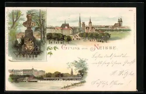 Lithographie Neisse, Eichendorff-Denkmal, Gesamtansicht, Neisse-Wehr