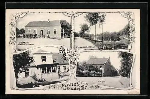 AK Mansfelde b. Friedeberg, Gasthaus von Frau L. Brauer, Dorfstrasse mit Teich, Schule