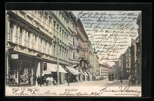 AK Wien, Burg-Gasse mit Strassenbahn und Papier-Geschäft