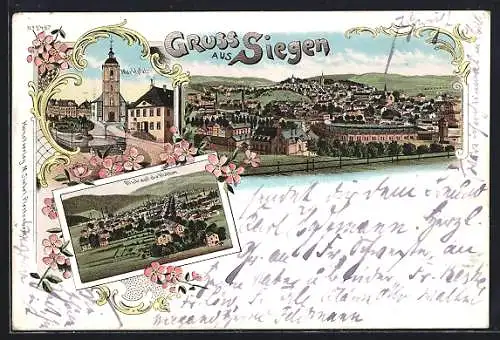 Lithographie Siegen, Gesamtansicht, Marktplatz, Blick auf die Hütten