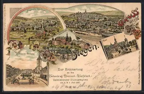 Lithographie Siegen, Sieghütte-Weidenau, Post, Oberes Schloss, Platz mit Denkmal