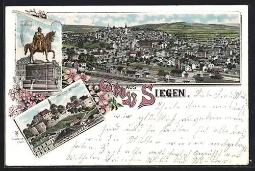 Lithographie Siegen, Kaiser Denkmal und Oberes Schloss