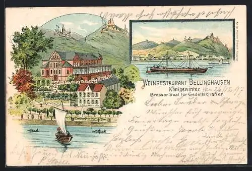 Lithographie Königswinter, Weinrestaurant Bellinghausen mit Uferpartie