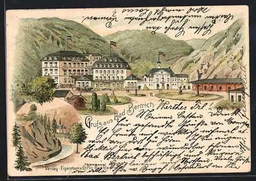 Lithographie Bad Bertrich, Hotel Pitz mit Bergen