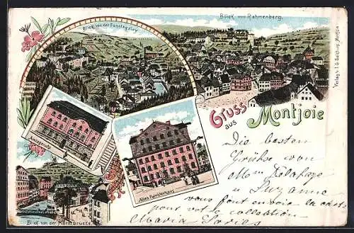 Lithographie Montjoie, Amtsgericht, Altes Patrizierhaus, Blick von der Marktbrücke, Blick vom Rahmenberg