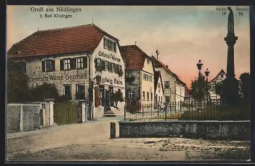 AK Nüdlingen, Strassenpartie mit Gemischt-Waren-Geschäft