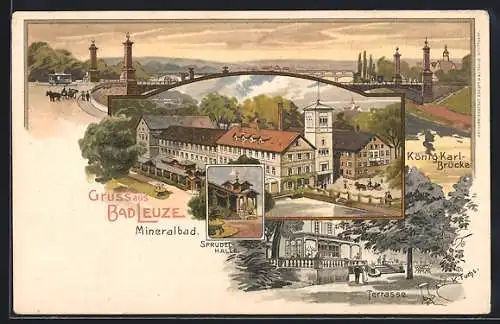 Lithographie Bad Leuze, König Karl-Brücke, Mineralbad, Sprudelhalle, Terrasse