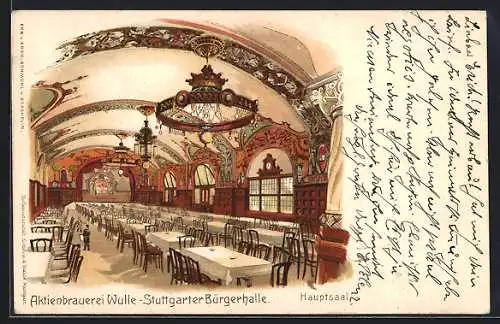 Lithographie Stuttgart, Aktienbrauerei Wulle, Stuttgarter Bürgerhalle, Hauptsaal