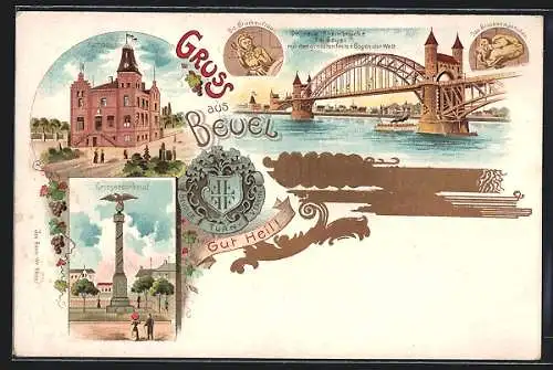 Lithographie Beuel, Rheinbrücke, Die Brückenfrau, Kriegerdenkmal